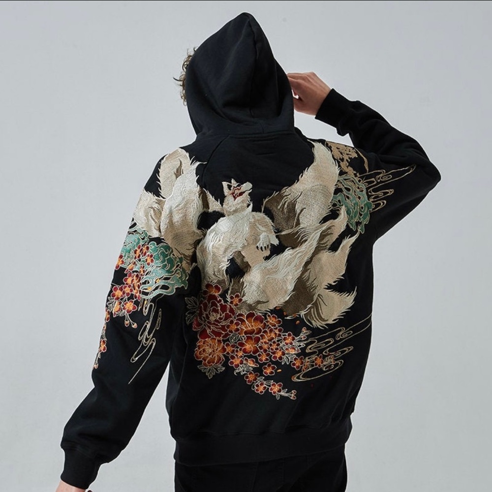 Handmade embroidered Japanese style hoodie featuring a nine-tailed fox & flowers